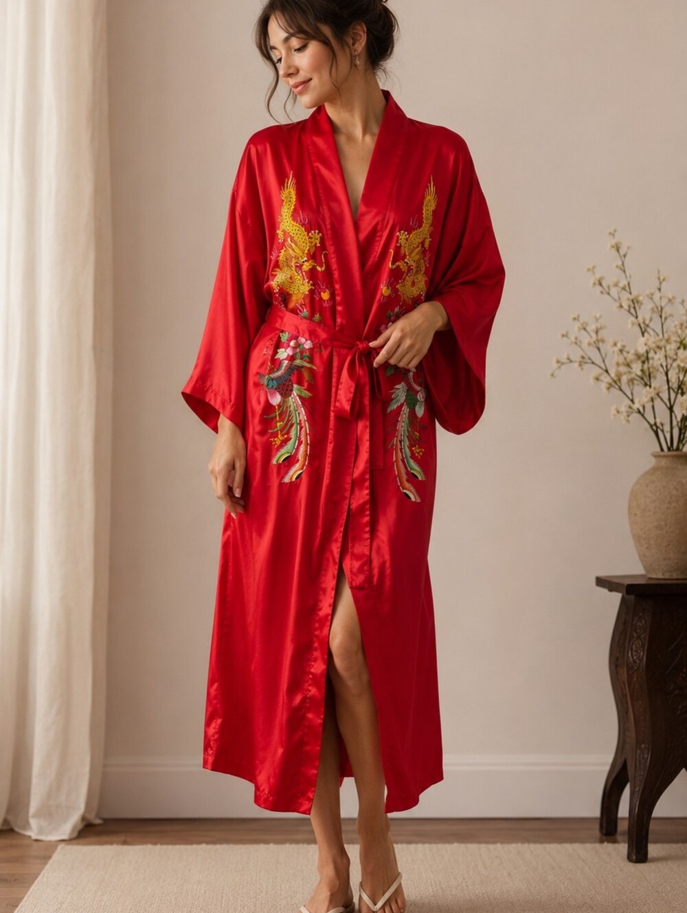 RARE VINTAGE GOLDEN BEE 100% SILK KIMONO ROBE - IMPERIAL DRAGON & PHOENIX - XL